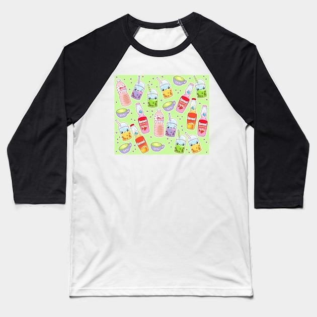 Colorful Kawaii Drinks on Green Baseball T-Shirt by FrostedSoSweet